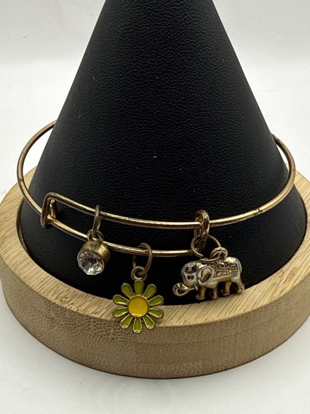 Gold Expandable Charm Bangle Bracelet Lucky Elephant Enamel Daisy Crystal